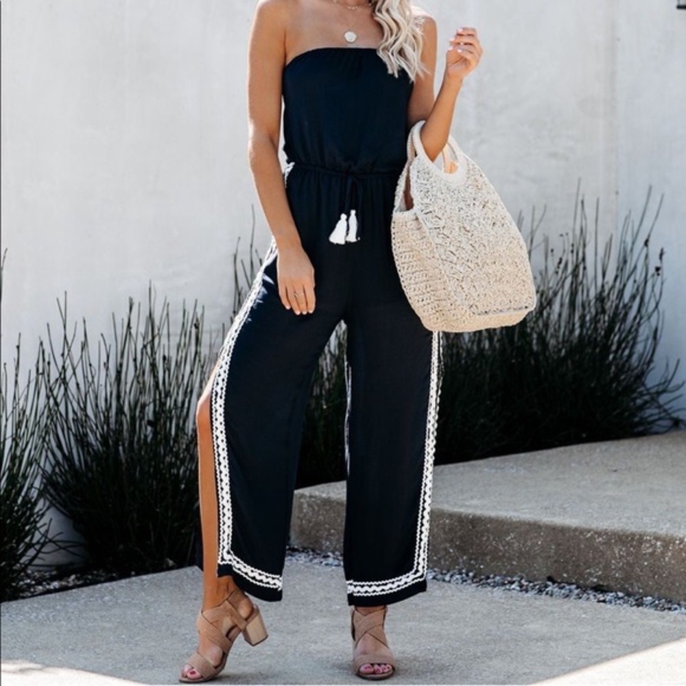 Vici Surf Gypsy Strapless TieBack Jumpsuit Coverup NAVY - L